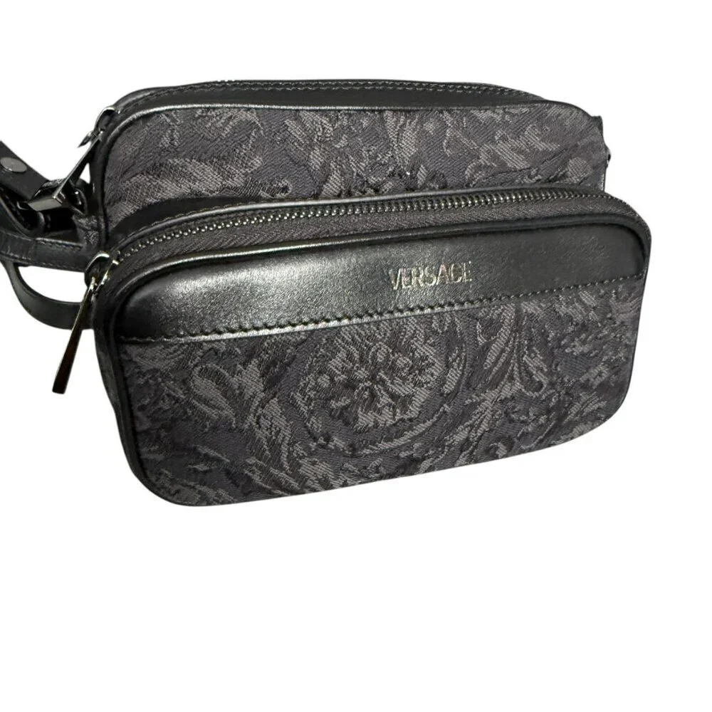 Versace Black Jacquard Fabric and Leather Shoulder Messenger Crossbody, 1012856‎
